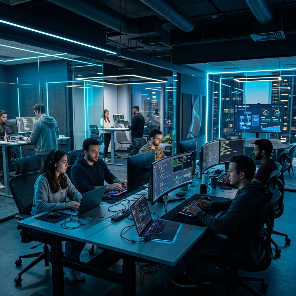 Team di sviluppo software al lavoro in un ufficio moderno